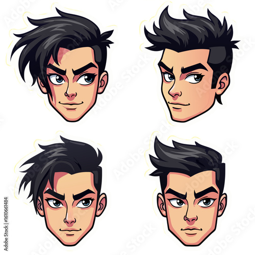 Four Stylized Male Faces with Distinctive Hair and Expressions.
