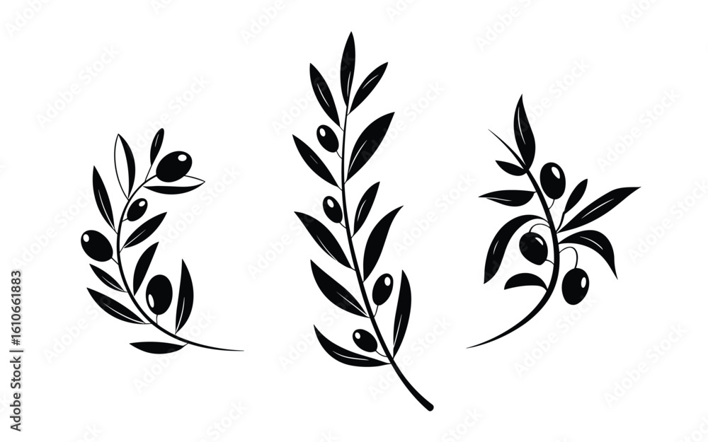 Fototapeta premium Olive Branch Silhouette Pack – Mediterranean Icons for Culinary, Peace & Botanical Designs