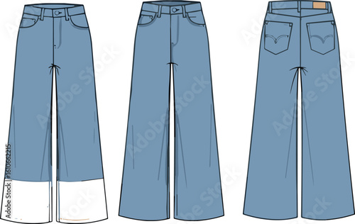 Wide-leg jeans vector illustration, high waist design, front back view, white cuff detail, pocket stitching, fashion CAD sketch