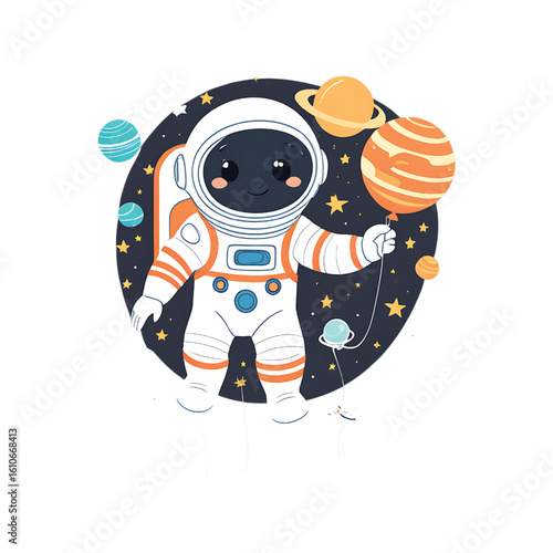 Cute astronaut floating in space holding a balloon with vibrant colors