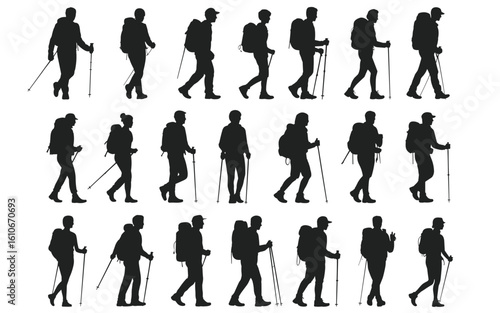 Hiking Silhouette Collection – Dynamic Trekker Poses for Outdoor, Educational & Fitness-Themed Projects