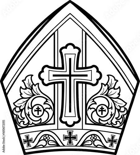 Ornate Bishop Mitre with Central Cross – Black and White Religious Line Art Illustration