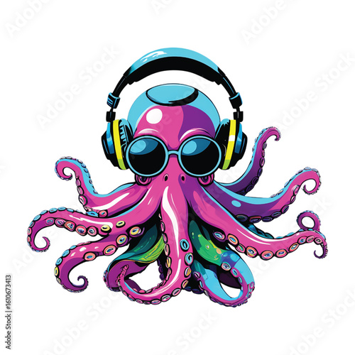 Cool octopus dj wearing large headphones
