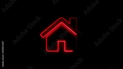 Neon red house icon illuminated against a deep black design for digital design