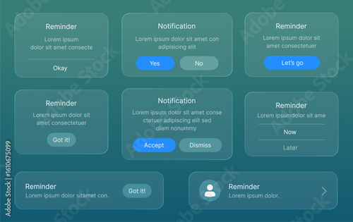 Set of mobile reminder notification interface liquid glass design