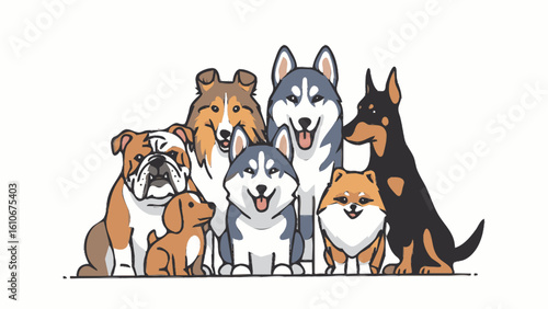 A diverse group of cartoon dog breeds including a Husky and Bulldog sitting together.