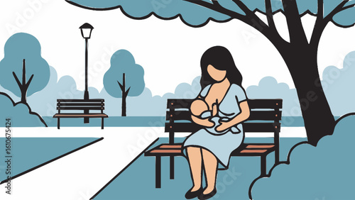A mother breastfeeding her newborn baby while sitting on a bench in a public park illustration.