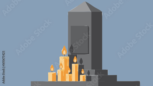 Abstract memorial monument with burning candles illustration.