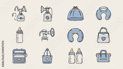 Collection of Baby Feeding and Nursing Supplies Icons.