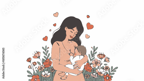 Loving Mother Breastfeeding Baby Amidst Blooming Flowers and Hearts Illustration.