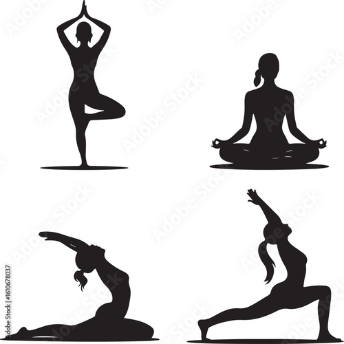 Four Black Silhouettes of Women Performing Yoga Poses