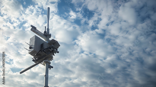 transmitter antena in the blue sky , clouds and wind