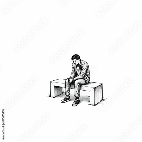 Contemplative Figure on Concrete Block – Black and White Minimalist Illustration