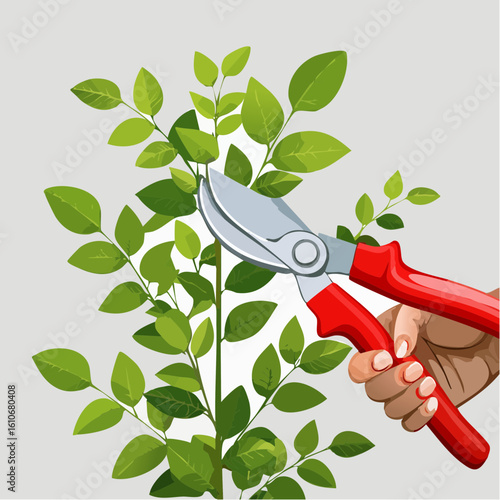 Close-up illustration of a hand holding red-handled pruning shears cutting a lush green leafy plant stem against a light gray background