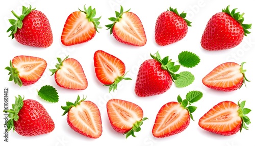 A flatlay of whole and halved strawberries and mint leaves on a white background