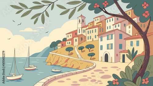 Italy coastal village landscape illustration with sailboats mediterranean seaside town scenic view travel destination