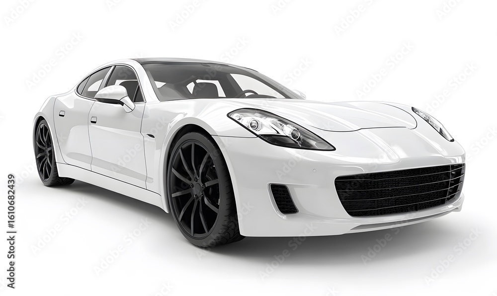 Obraz premium Sleek white luxury sedan with black wheels, showcasing modern automotive design and premium engineering
