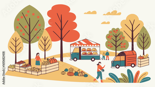 Fall harvest festival farmers market with pumpkins apples and bread trucks in autumn season illustration
