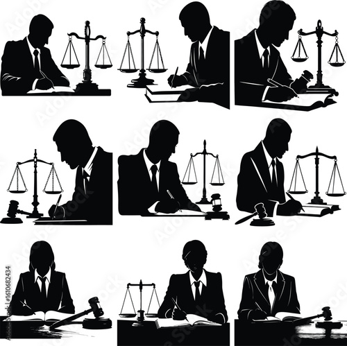 Silhouettes of lawyers working at desks with scales of justice