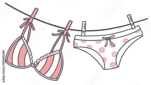 Cute pink lingerie bra and panties hanging on clothesline vector illustration underwear fashion design