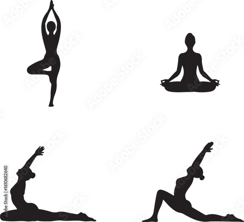 Four black yoga poses silhouettes on white background