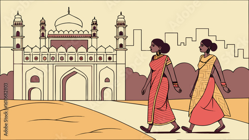 Indian women walking near jama masjid delhi india travel culture tradition heritage tourism landmark architecture
