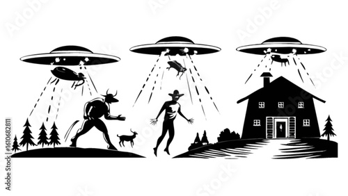 Alien abduction ufo sighting cattle abduction minotaur encounter farmhouse vector illustration graphic design