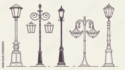 Vintage street lights vector illustration set antique lamp post design collection for outdoor lighting design