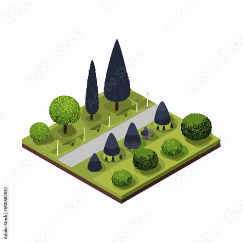 Isometric illustration of a beautifully landscaped park with diverse trees and manicured bushes creating a serene urban green space.