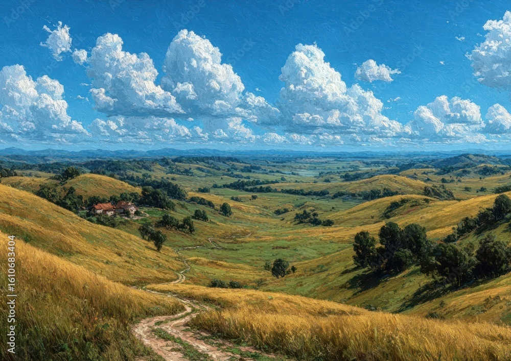 Naklejka premium A serene landscape of rolling hills under a vast, open sky, conveying freedom and possibility.