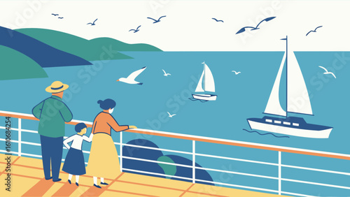 Family vacation cruise ship ocean view sailing boats seagulls scenic seascape illustration travel adventure isles