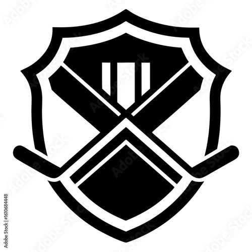Black and White Hockey Crest Shield with Crossed Sticks and Geometric Design