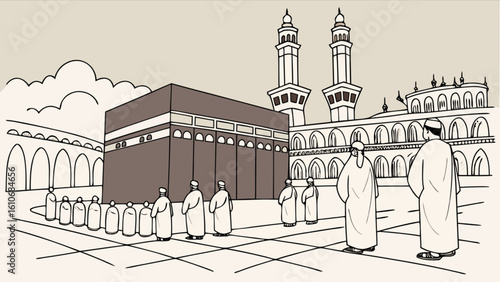 Kaaba mecca hajj pilgrimage muslim islamic holy site drawing vector illustration eid al adha mubarak design