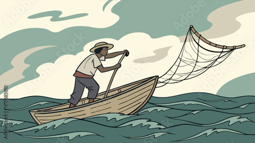 Illustration of fisherman in boat with fishing net on sea water vector art design for commercial use