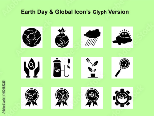 Solid glyph icons for Earth Day, eco lifestyle, and sustainability themes. Ideal for UI, apps, print, infographics, and environmental campaigns. Fully editable vector.