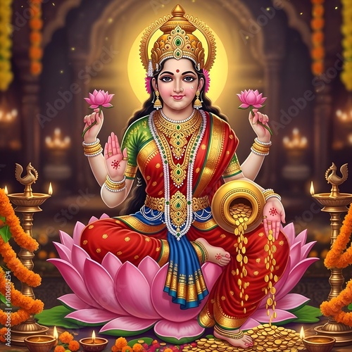 Divine Lakshmi Statue Close-Up with Lotus Flower and Crown