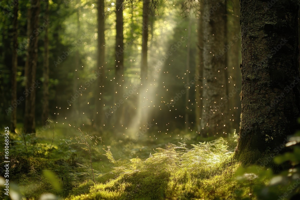 Fototapeta premium Flickering fireflies illuminate a sunny forest filled with vibrant greenery and soft sunlight beams, Flicker fireflies in magic sunny forest