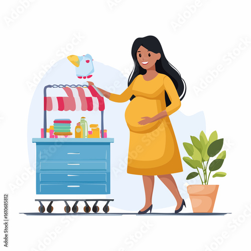 Pregnant woman in a yellow dress happily organizing baby clothes and bottles on a blue cart with a plant nearby
