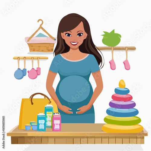 Pregnant woman happily shopping for baby clothes and toys at a store displaying baby essentials and a colorful stacking ring toy