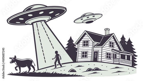 Ufo abduction scene with cow and man being abducted by flying saucer over rural house vector art