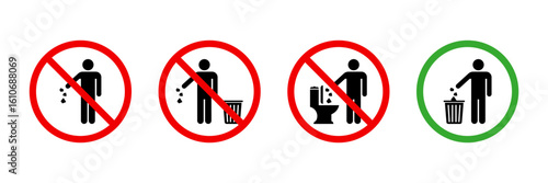 Please keep clean silhouette sign. Allowed throw rubbish, waste, garbage in bin symbol. Do not throw trash in toilet vector icon. Warning please drop litter in bin sticker. Throw out the trash icon.