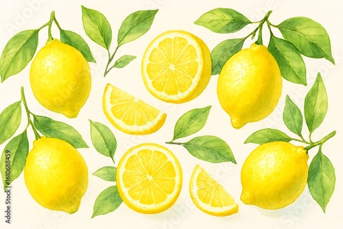 Wallpaper Mural A vibrant watercolor painting showcases fresh lemons, leaves, and citrus slices against a light background. Torontodigital.ca