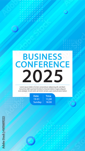 A dynamic and futuristic poster template for a business conference or tech summit. This modern vertical layout features a vibrant blue background for an event flyer or an announcement.
