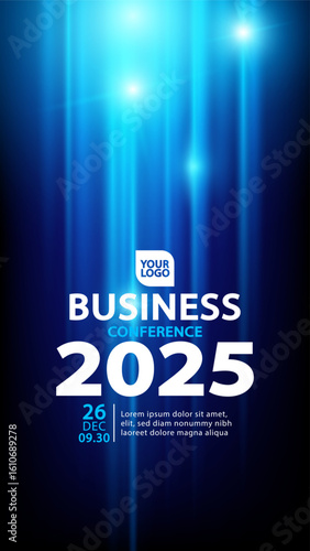 A modern vertical banner template for a business conference or tech event featuring a dark blue background with glowing light streaks.