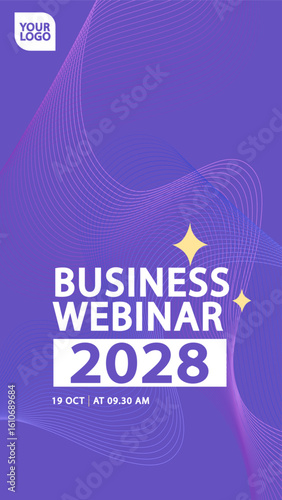 A modern vertical template for a business webinar or online workshop. The purple background with abstract flowing waves and sparkles is ideal for social media story promotions or an event invitation.