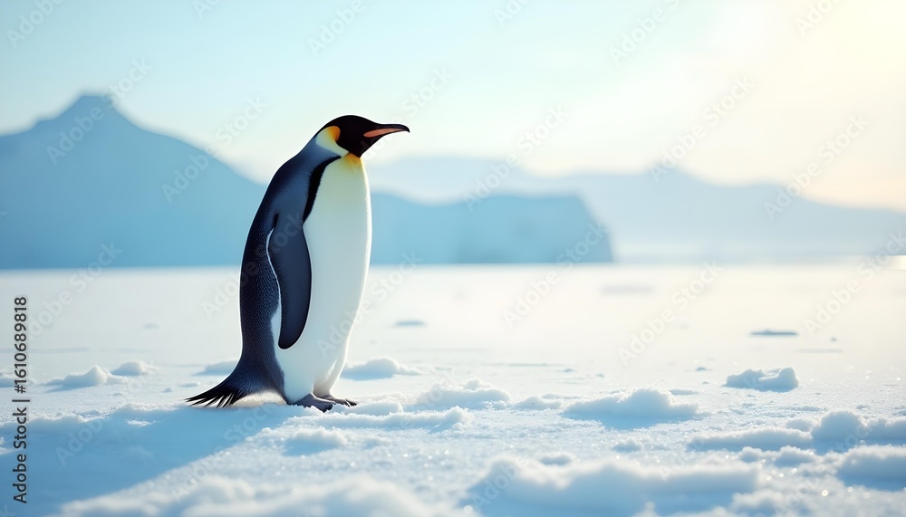 Naklejka premium A majestic emperor penguin standing on a vast, icy plain in Antarctica during the bright, cold daylight of winter, snow swirling around its feet.