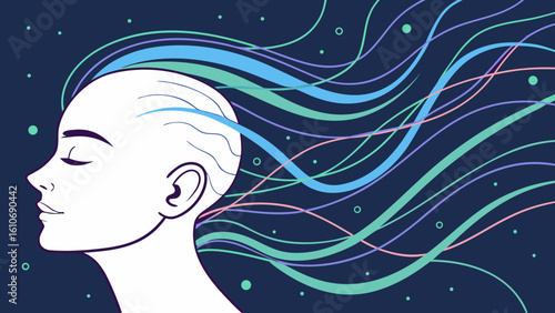 Woman face with flowing hair vector art illustration for beauty salon and wellness center design element