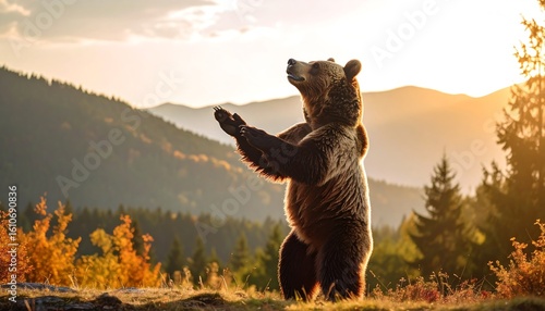 A majestic brown bear stands on its hind legs against a breathtaking sunset mountain backdrop