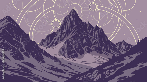 Mountain peak landscape with celestial rings digital art scenic vista illustration serene and peaceful view