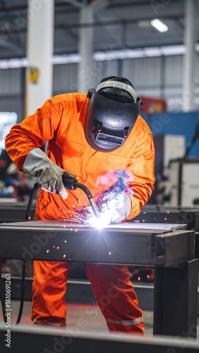 A welder in an orange jumpsuit uses a welding torch on metal